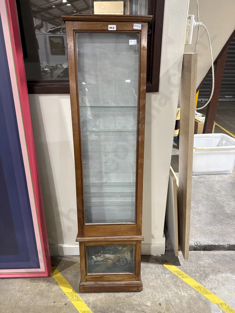 Antique Tall  Wall Hung  Wooden Shallow Display Cabinet w Glass Shelves & a Lower Panel  Depicting a Vintage Car Scene Image 1++