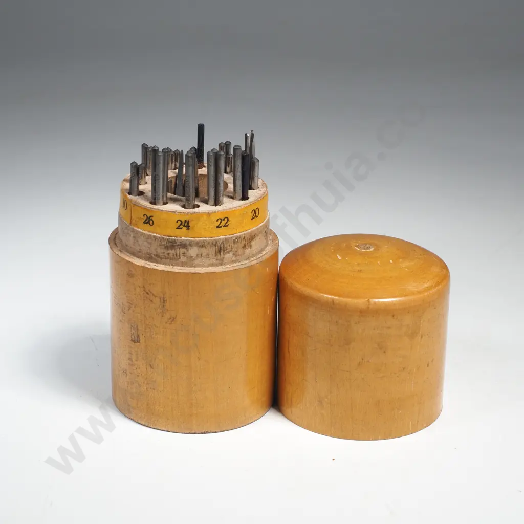 Treen Container containing a Vintage Wooden Drill Index or Watchmaker/Jeweller's Tool Set w Numbered Slots & Drills Image 1++