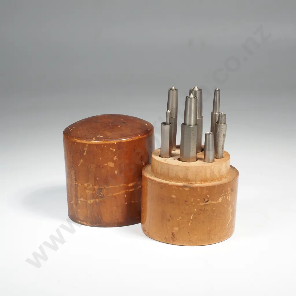 Vintage Set of Metal Punches (such as a Drive Pin Punch) in a Custom Turned Wooden Box Image 1++