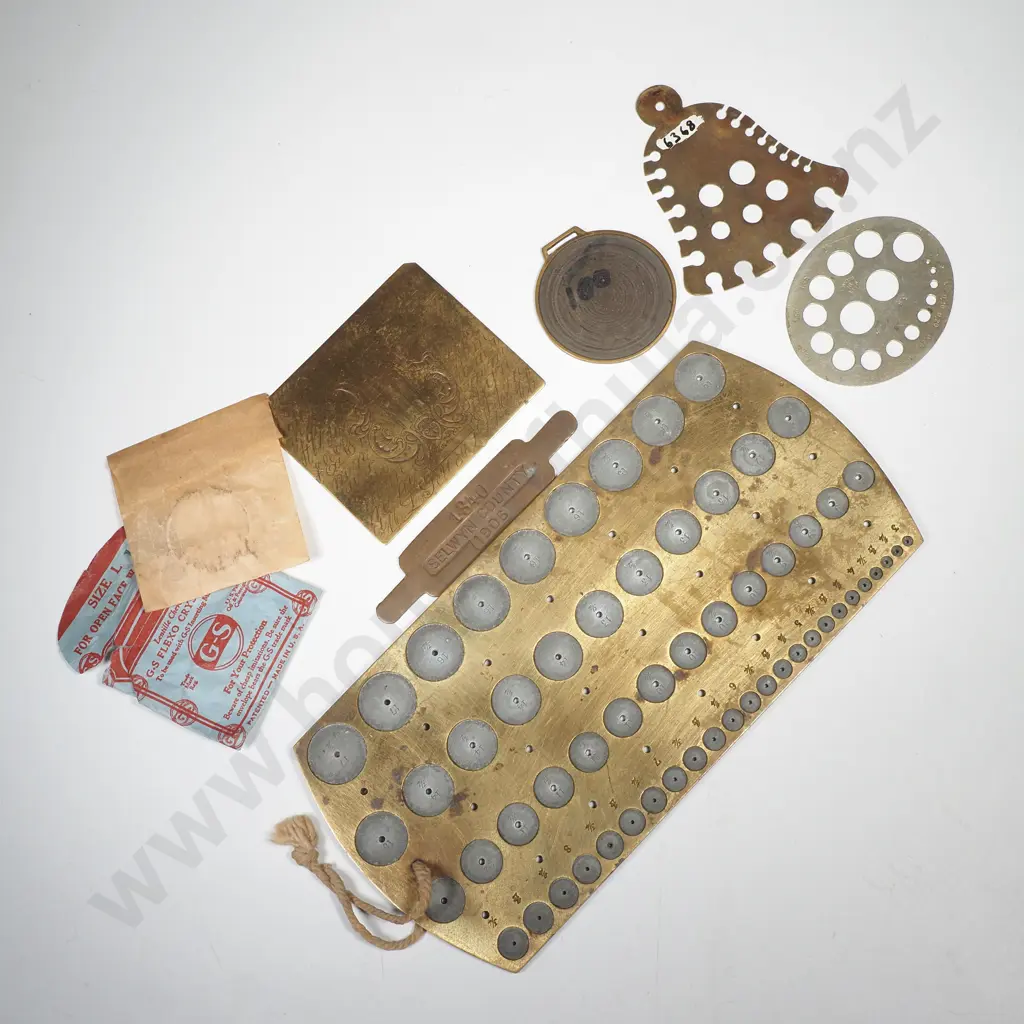 Collection of Metalcraft & Watchmaking Tools including a Large Brass Gauge Plate w Numerous Graduated Holes Image 1++
