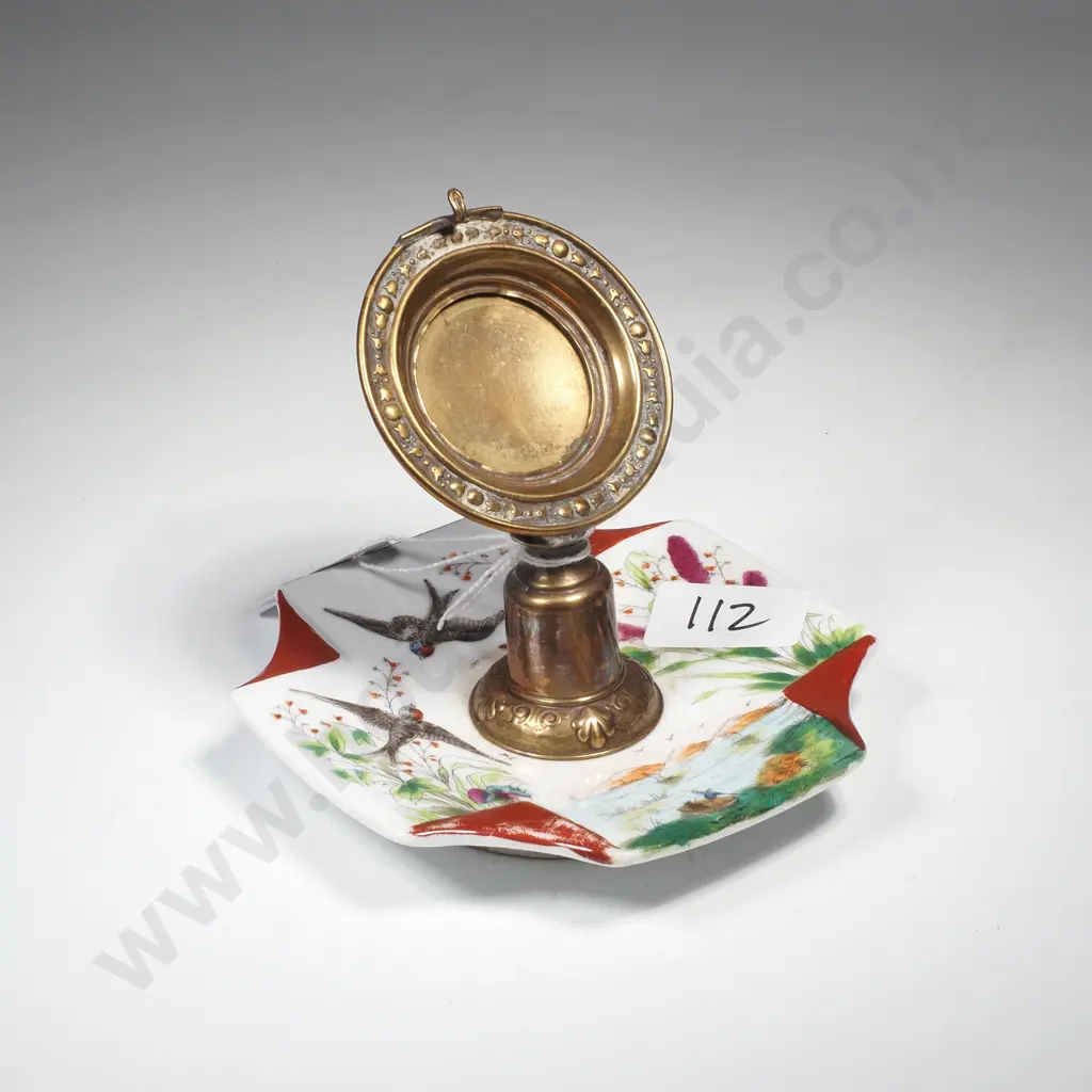 Antique Pocket Watch Stand w Hand Painted Ceramic Base & a Brass Stand & Hook for Pocket Watches Image 1++