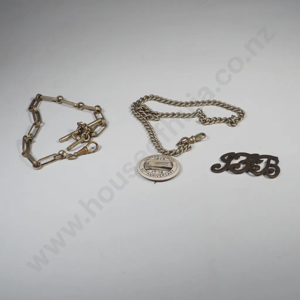 Two Silver Plated Watch Chains, Interlocking Brass Script Monogram JFB & a Badge for Clinton School 1954 Image 1++
