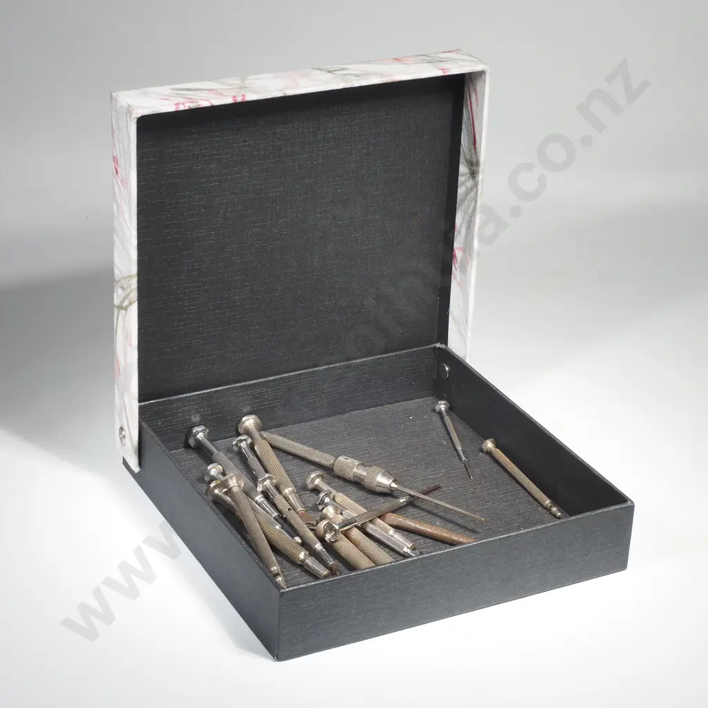 Upholstered Box Containing Vintage Nested/Telescoping Jeweller's Sets, Jeweller's Screwdrivers & Pin Vises Image 1++