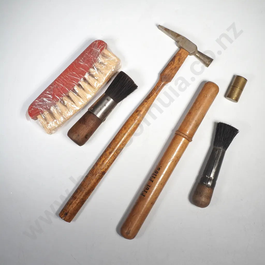 Vintage Cross Peen Hammer, Treen Fret File Container w Files, Two Round Bristle Brushes & A Dental Brush (Unused) Image 1++
