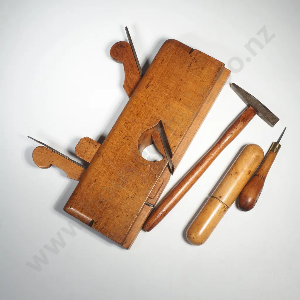 Vintage Wooden Moulding Plane, Treen Capsule, Small Vintage Cross Peen Hammer & a Wooden Handled Awl Image 1++