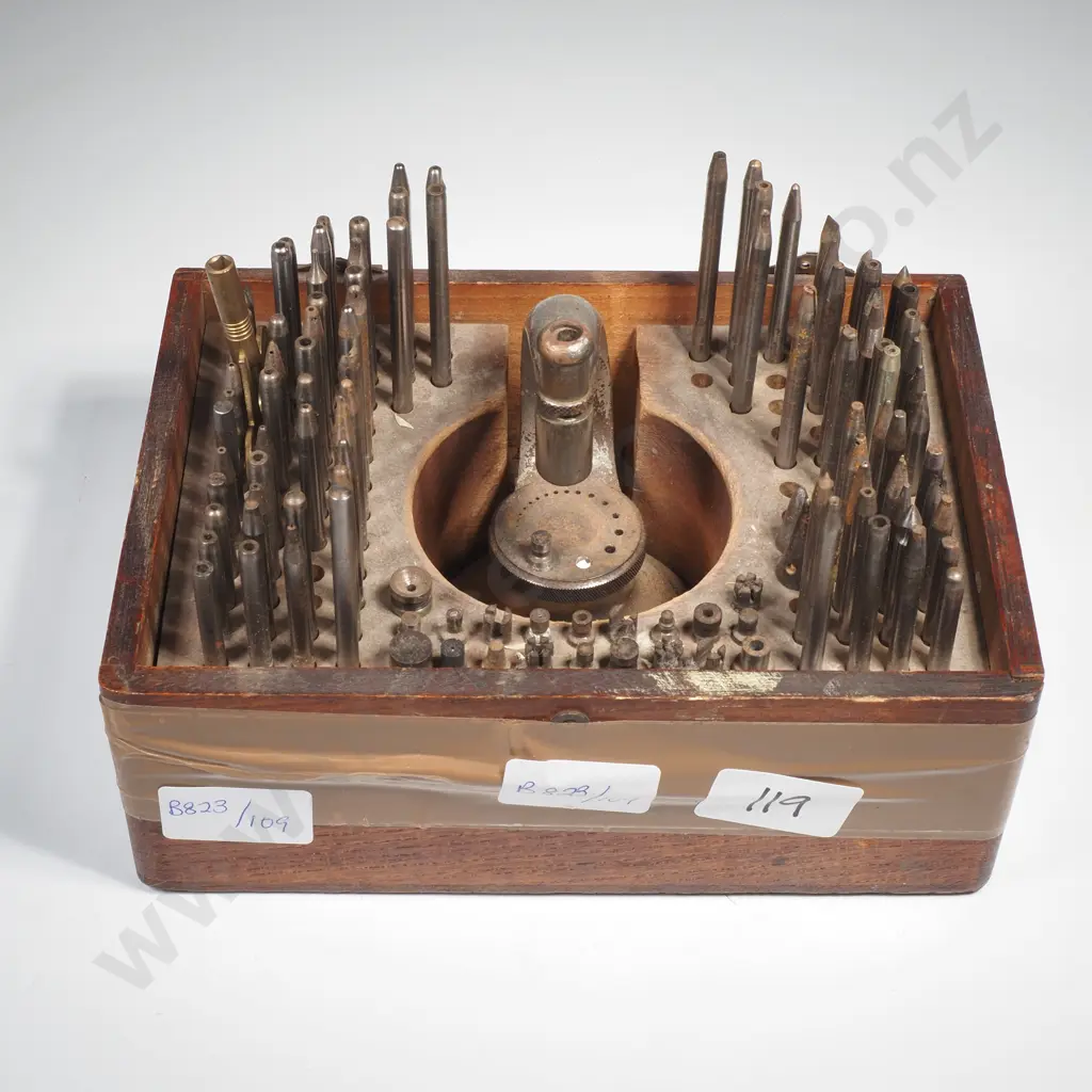 Vintage Watchmaker's Staking Tool Set w Steel Punches, Stakes & a Central Anvil Block Image 1++