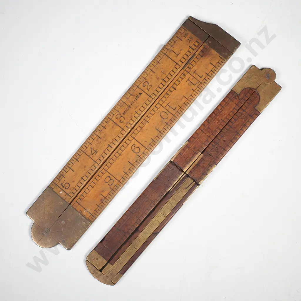 Antique 12" Boxwood & Brass Folding Caliper Rule & a Vintage Wooden Folding Ruler w a Sliding Metal Caliper Attachment Image 1++