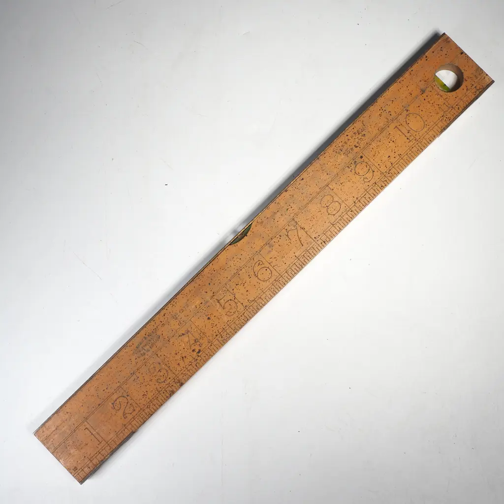 J Rabone & Sons Antique Wood & Brass Spirit Level w 12" Wooden Ruler w Vertical Plumb Vial to Circular Cutout Image 1++
