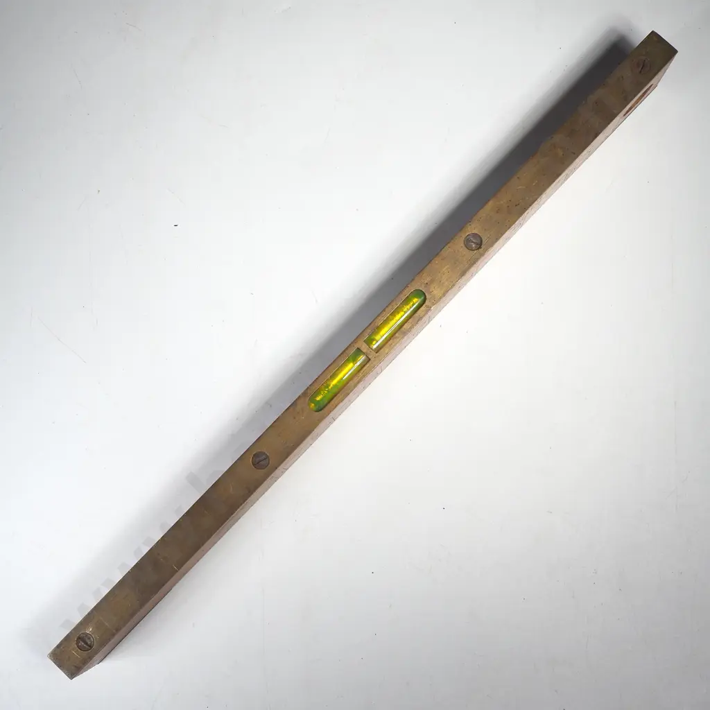 J Rabone & Sons Antique Wood & Brass Spirit Level w 12" Wooden Ruler w Vertical Plumb Vial to Circular Cutout Image 1++
