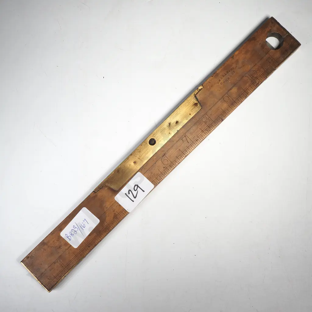 J Rabone & Sons Antique Wood & Brass Spirit Level w 12" Wooden Ruler w Vertical Plumb Vial to Circular Cutout Image 1++