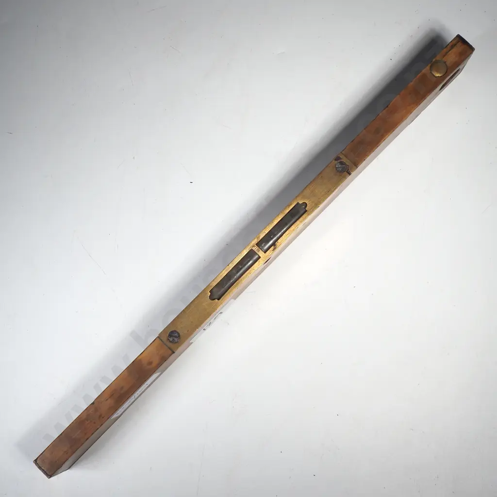 J Rabone & Sons Antique Wood & Brass Spirit Level w 12" Wooden Ruler w Vertical Plumb Vial to Circular Cutout Image 1++