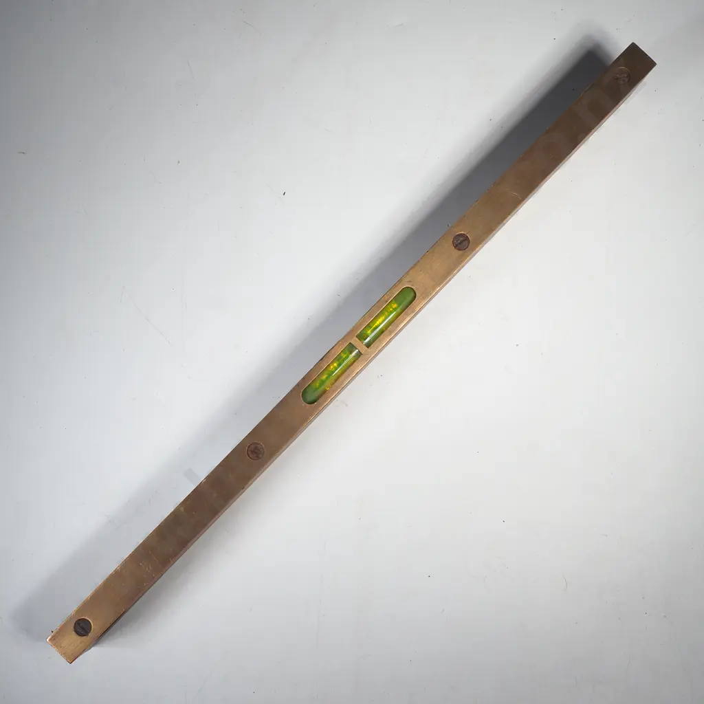 J Rabone & Sons Antique Wood & Brass Spirit Level w 12" Wooden Ruler w Vertical Plumb Vial to Circular Cutout Image 1++