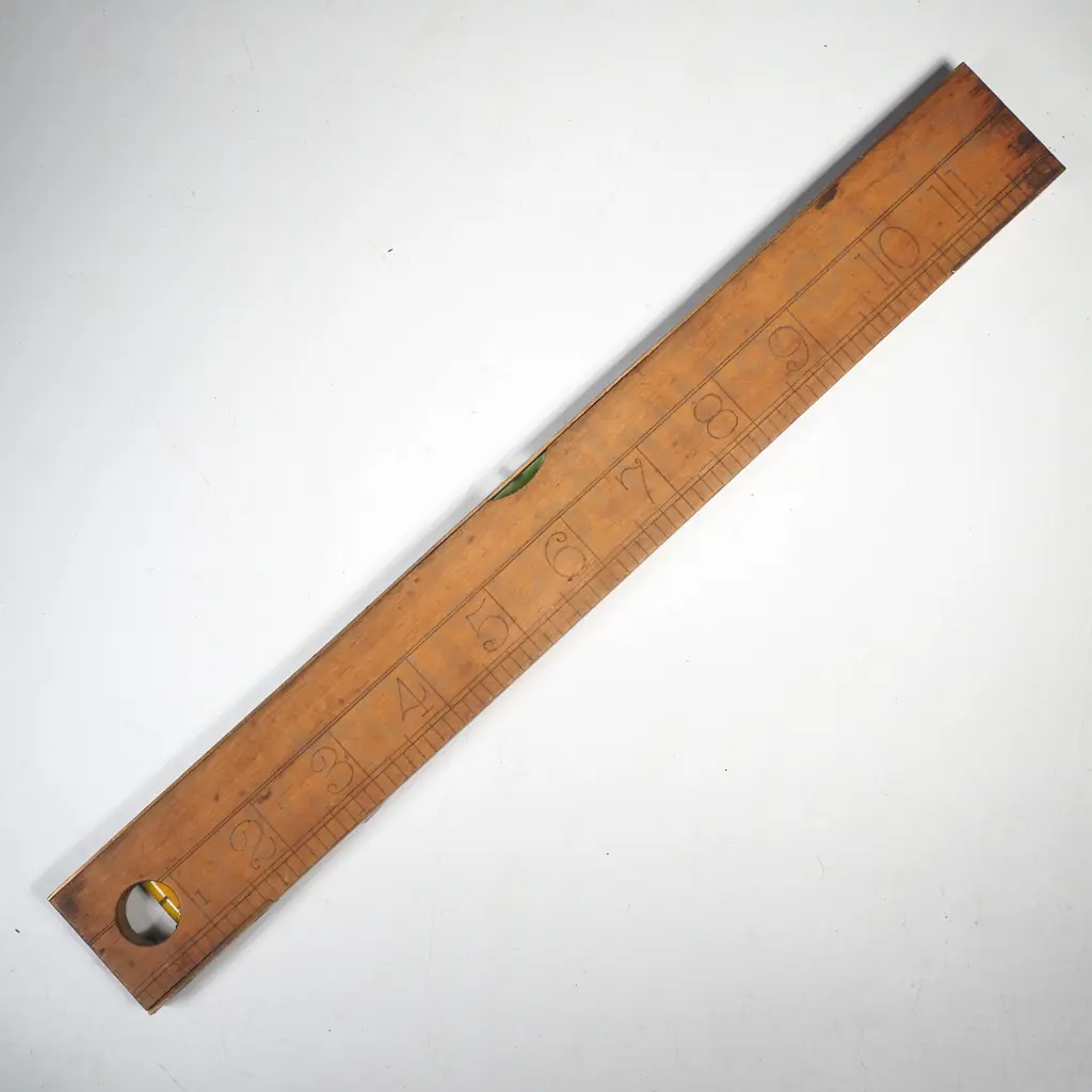 J Rabone & Sons Antique Wood & Brass Spirit Level w 12" Wooden Ruler w Vertical Plumb Vial to Circular Cutout Image 1++