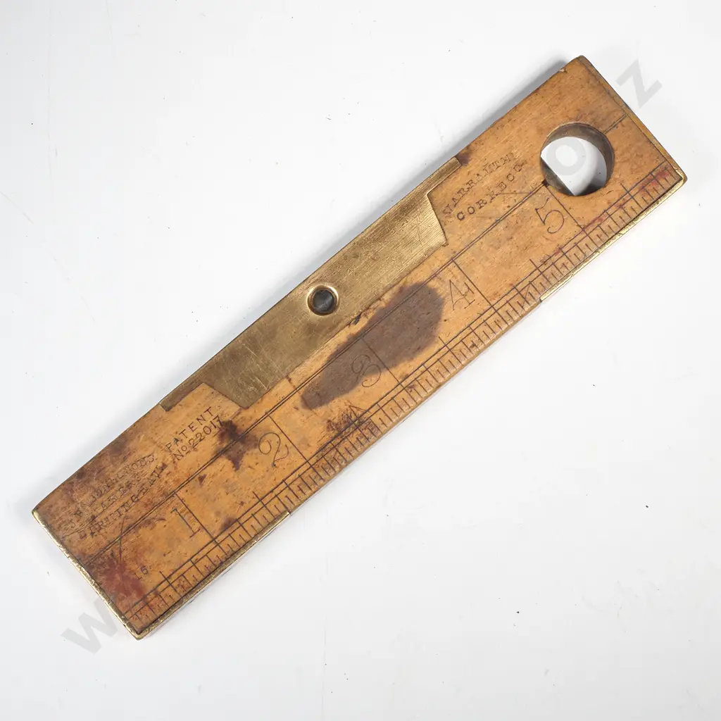 J Rabone & Sons Antique Wood & Brass Spirit Level w 6" Wooden Ruler w Vertical Plumb Vial to Circular Cutout Image 1++