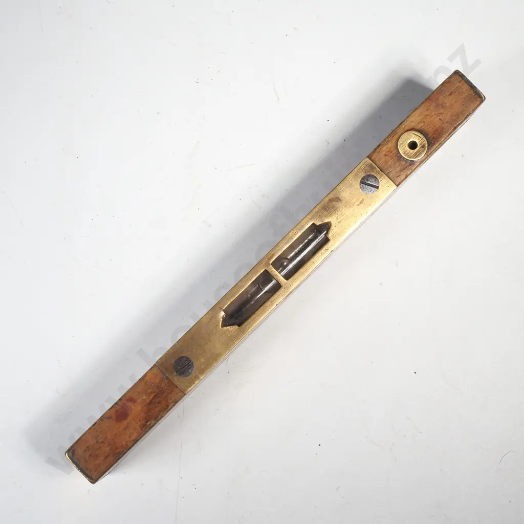 J Rabone & Sons Antique Wood & Brass Spirit Level w 6" Wooden Ruler w Vertical Plumb Vial to Circular Cutout Image 1++