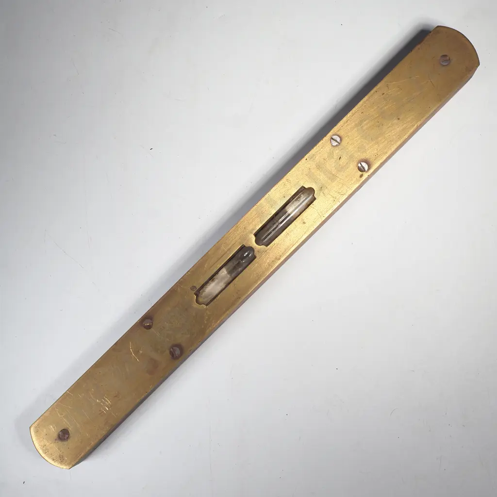 Small Vintage Wooden & Brass Spirit Level w Dual Glass Vials Image 1++