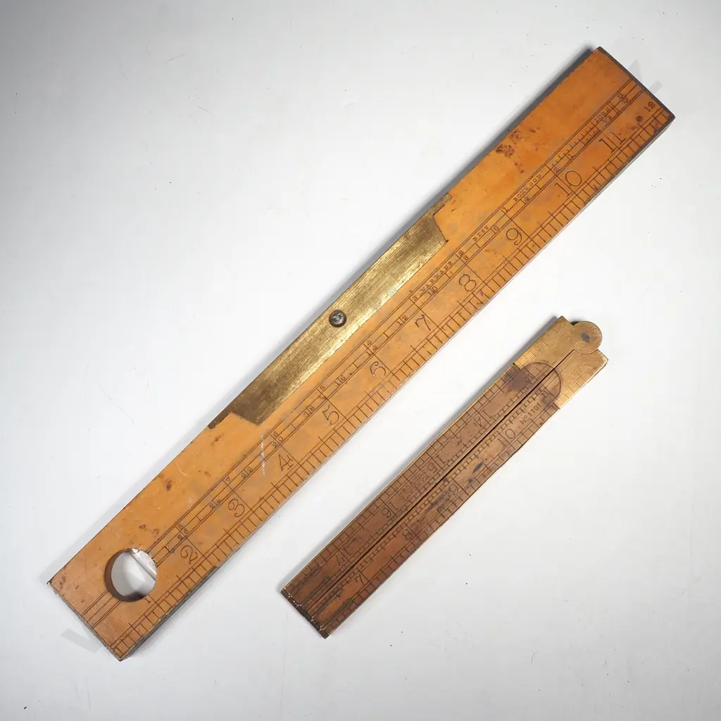 J Rabone & Sons Antique Wood & Brass Spirit Level w 6" Wooden Ruler w Vertical Plumb Vial to Circular Cutout Image 1++