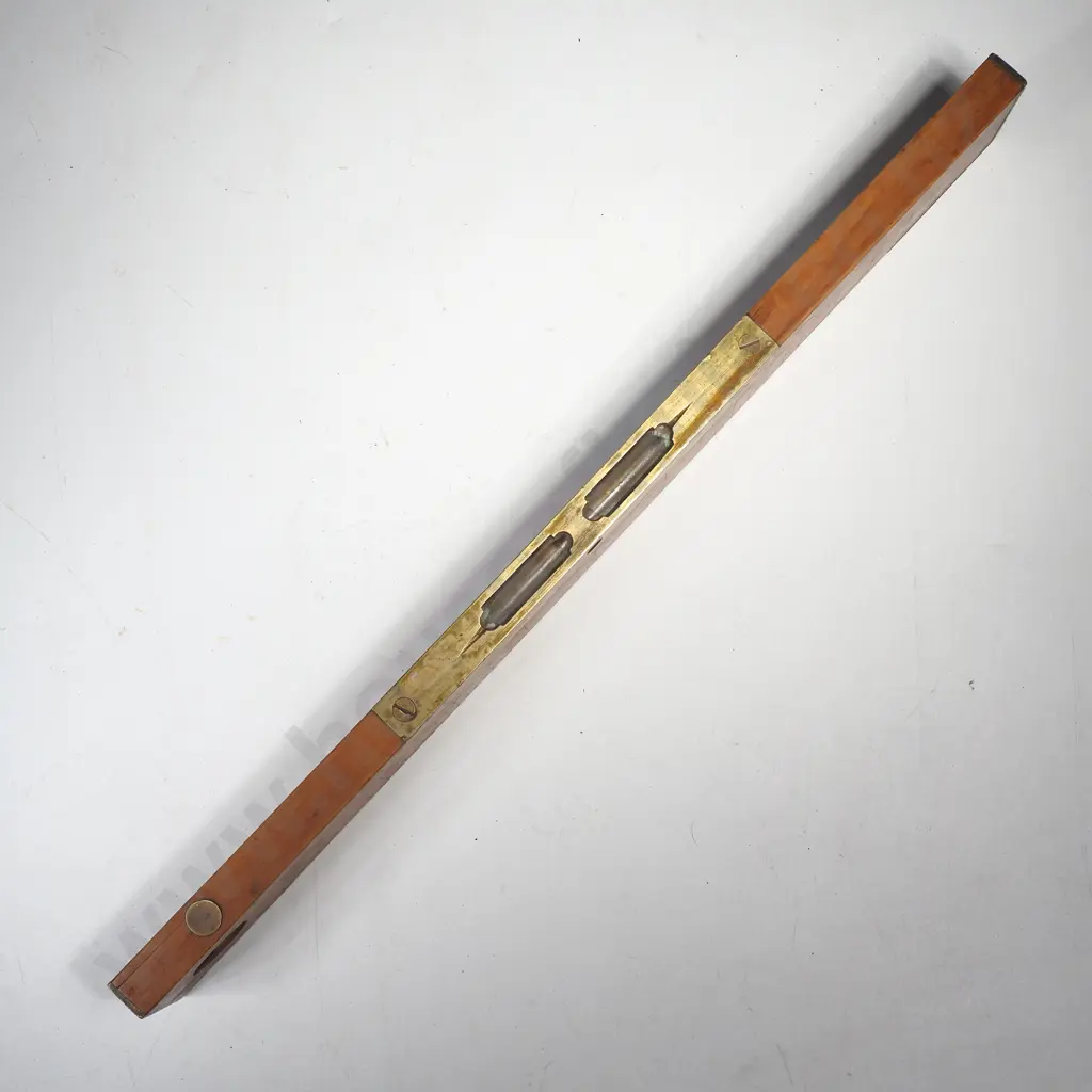 Antique Wood & Brass Spirit Level w 12" Wooden Ruler w Vertical Plumb Vial to Circular Cutout Image 1++