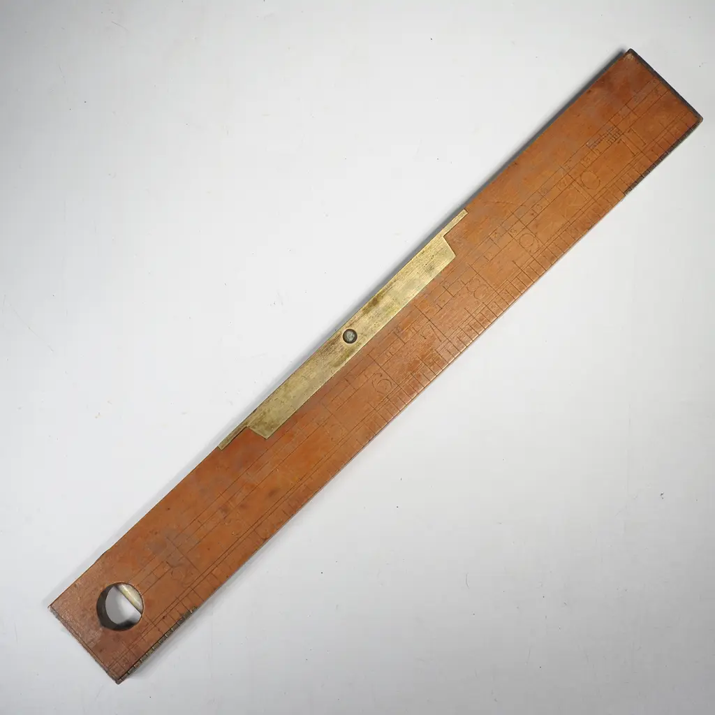 Antique Wood & Brass Spirit Level w 12" Wooden Ruler w Vertical Plumb Vial to Circular Cutout Image 1++