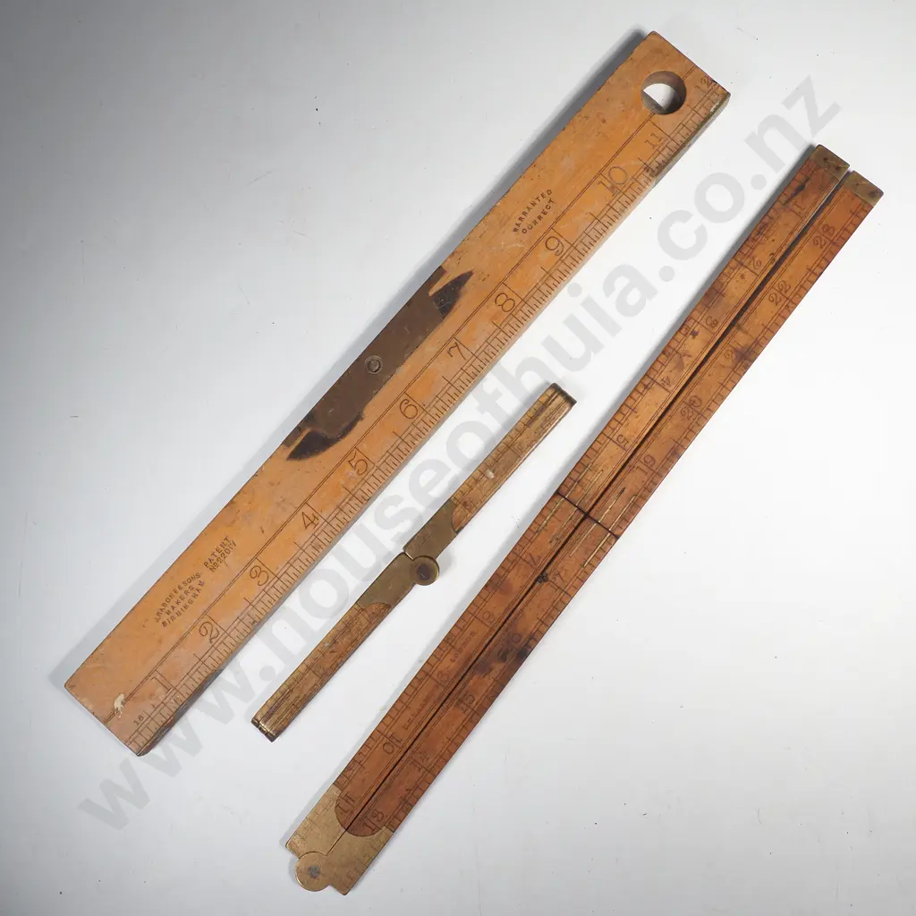 Boxwood & Brass 12" Folding Rule, Wood & Brass 24" Folding Rule by W Harding & a Rabone & Sons 12" Spirit Level/Ruler Image 1++