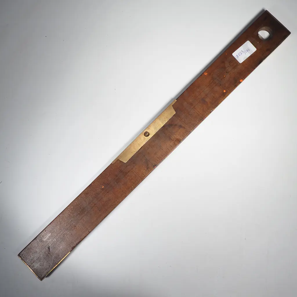 Antique Wood & Brass Spirit Level w 20" Wooden Ruler w Vertical Plumb Vial to Circular Cutout Image 1++