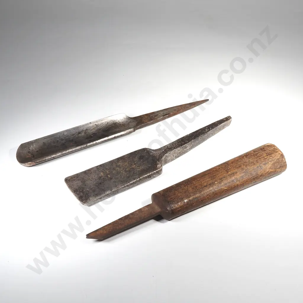 Three Vintage Woodworking Tools including a Gouge & a Mortise Chisel w a Wooden Handle Image 1++