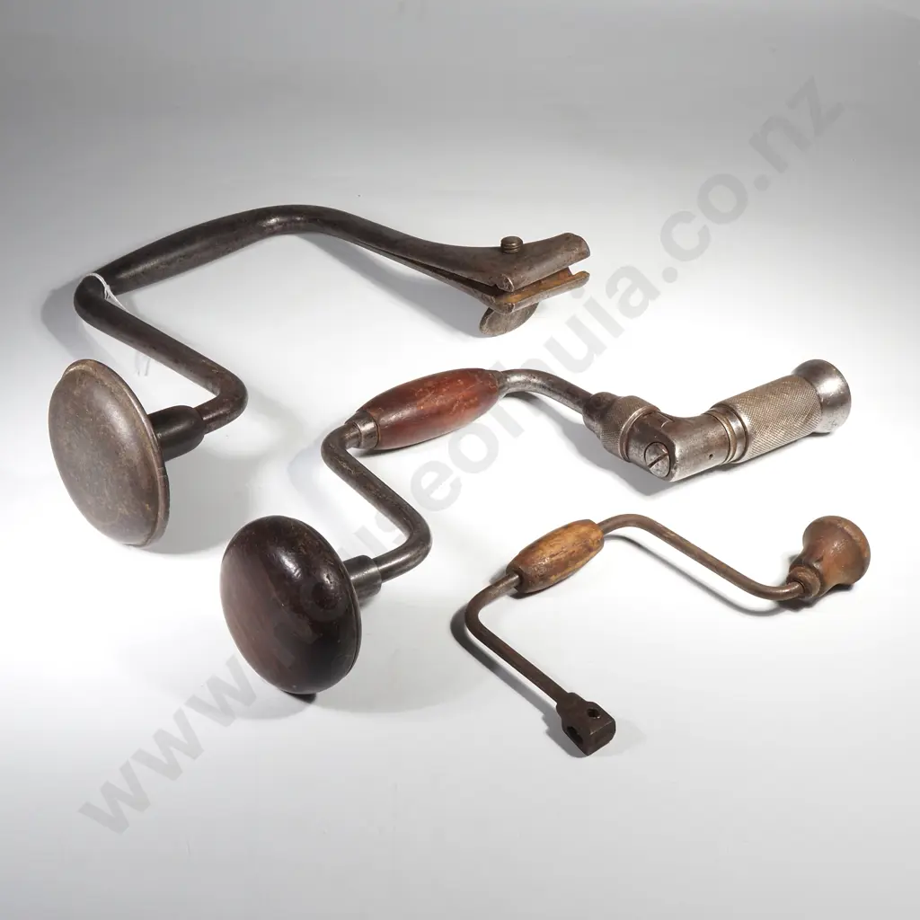 Three Vintage Brace & Bit Drills (Manual Hand Crank Tools) Image 1++