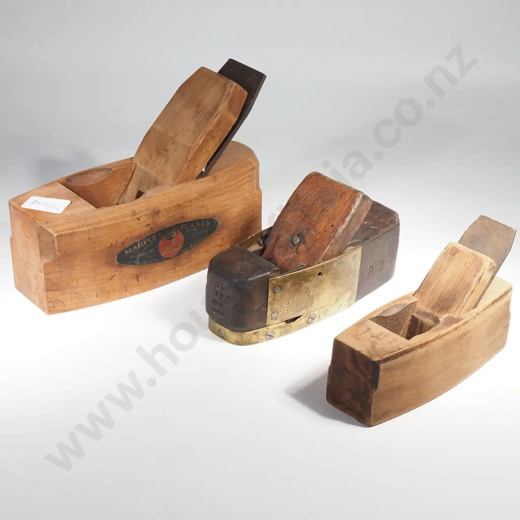 Three Vintage 'Coffin' Hand Planes including one w Brass Plaque Inscribed 'CJ Dec 29th 1888' Image 1++