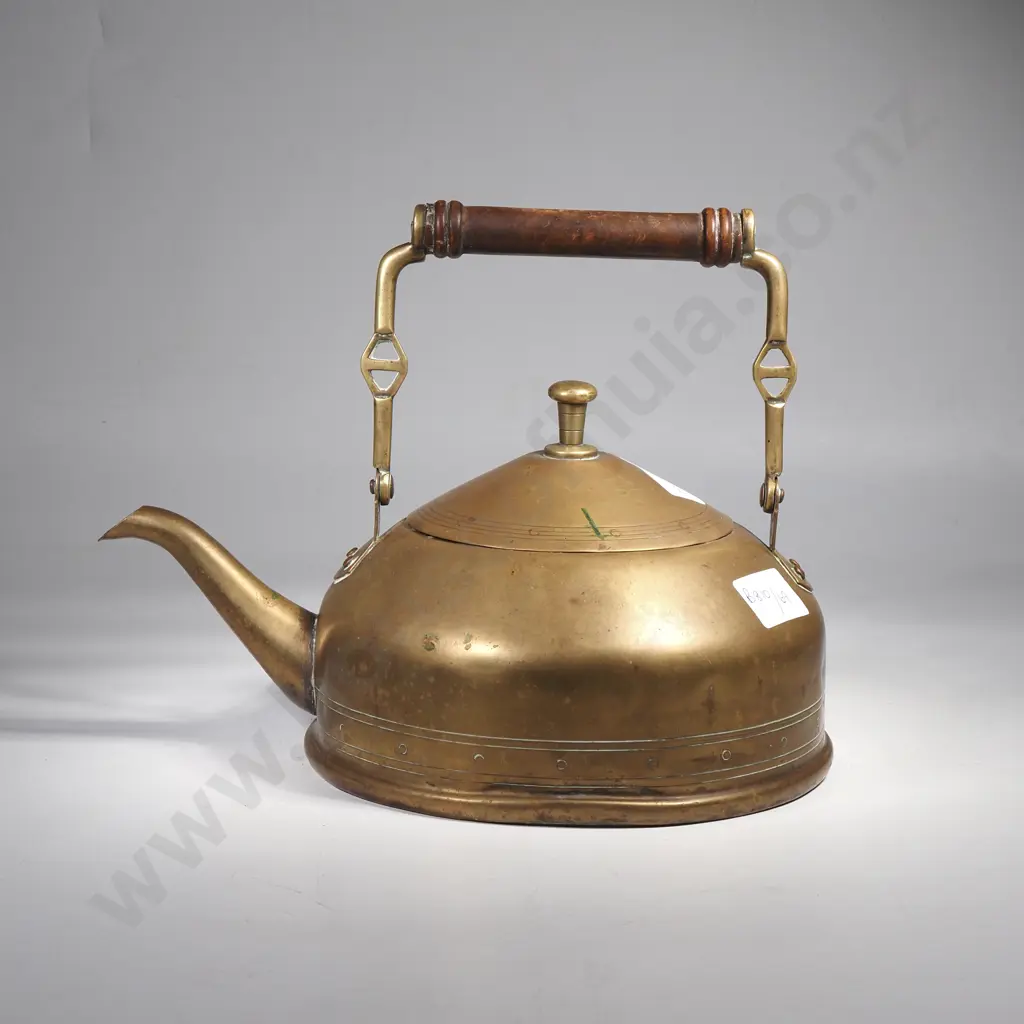 Vintage Brass Tea Kettle w a Rounded Body, Flat Base & a Turned Wooden Handle Image 1++