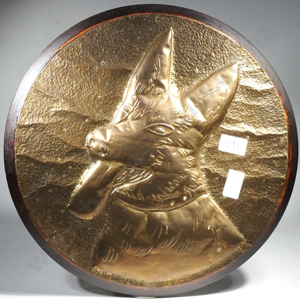 Round Brass Metal Plaque on a Wooden Base w an Embossed German Shepherd's Head Image 1++