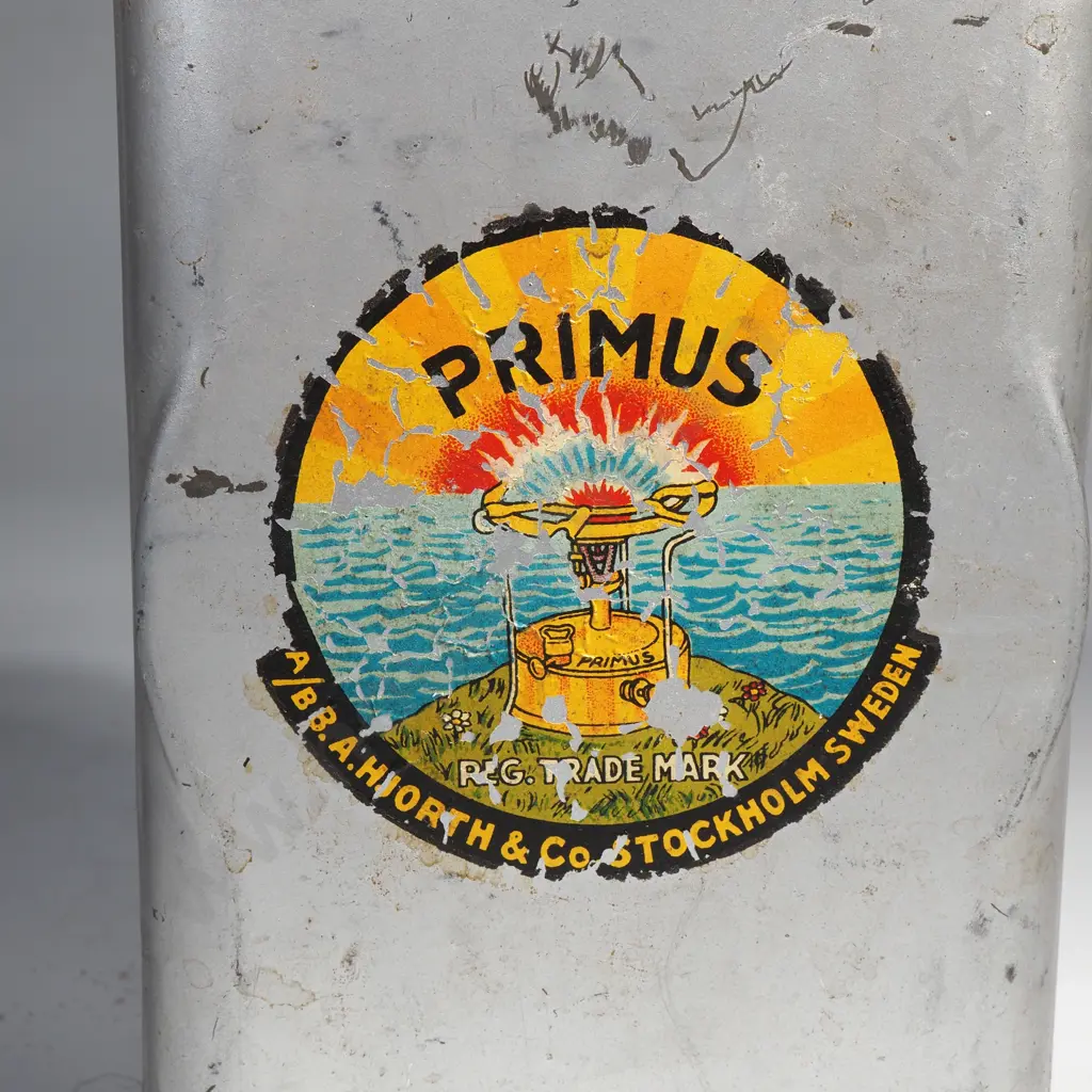 Vintage Aluminium Picnic Kettle w Folding Handle & a Primus No 71 Camping Stove Tin Manufactured by BA Hjorth & Co Image 1++