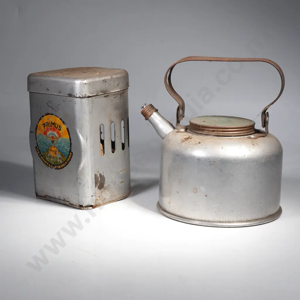 Vintage Aluminium Picnic Kettle w Folding Handle & a Primus No 71 Camping Stove Tin Manufactured by BA Hjorth & Co Image 1++