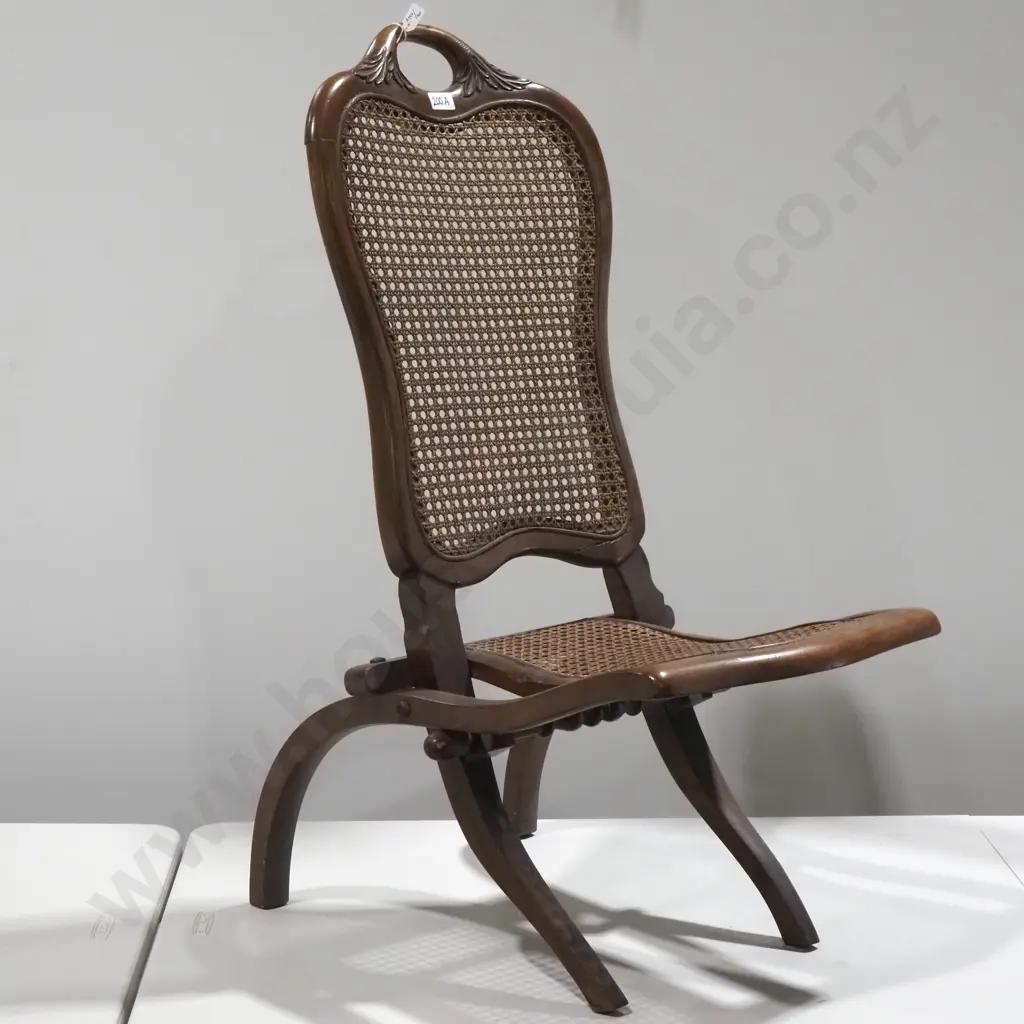 Antique Victorian Campaign/Picnic Folding Chair w Mahogany Frame & Woven Cane Seat Image 1++