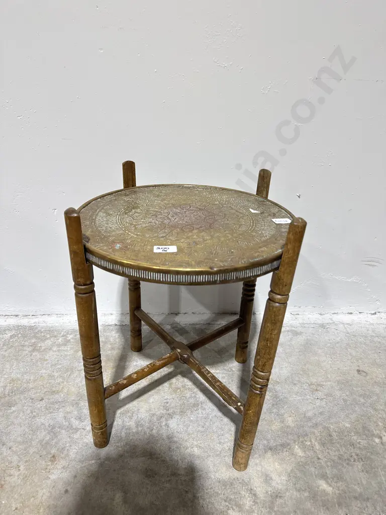Engraved Indian Brass Occaisonal Table W Folding Leg Base Image 1++