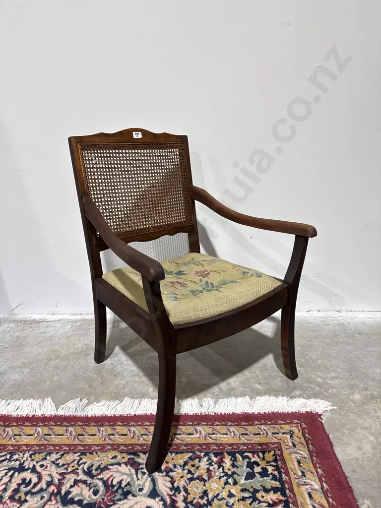 2 x Vintage Rattan Backed Armchairs w Floral Tapestry Seats Image 1++