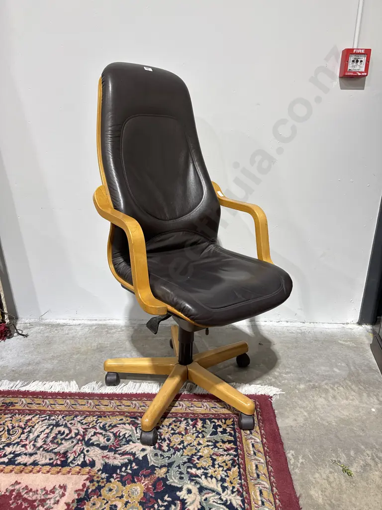 Mid Century Swivel Office Chair w Bentwood Frame & Black Leather Upholstery Image 1++