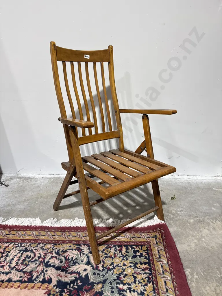 Vintage Wooden Folding Armchair w a Slatted Seat & Vertical Splat Back Image 1++