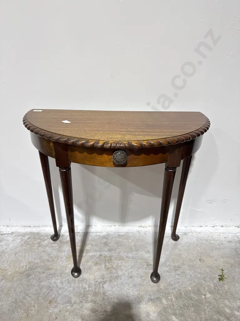 Mahogany Half Round Hall Table w Pie Crust Edge on Cabriole Legs & w Frieze Drawer Image 1++