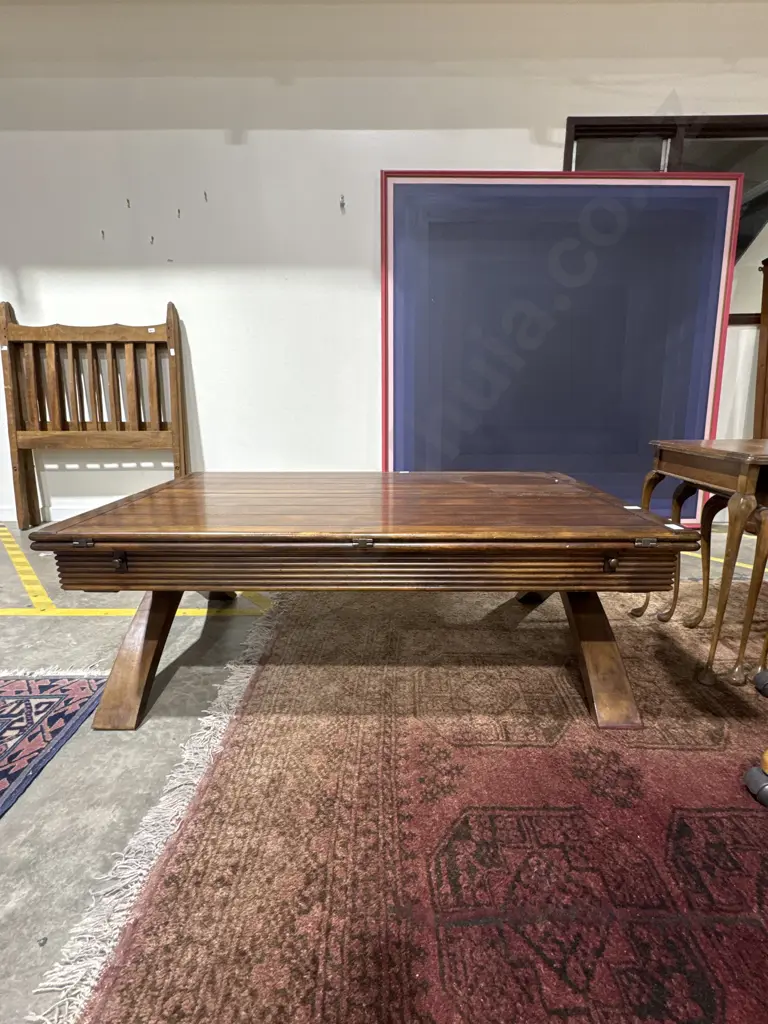 Large Wooden  Coffee Table W Expandable Top & Curved Cross Stretcher Supports Image 1++
