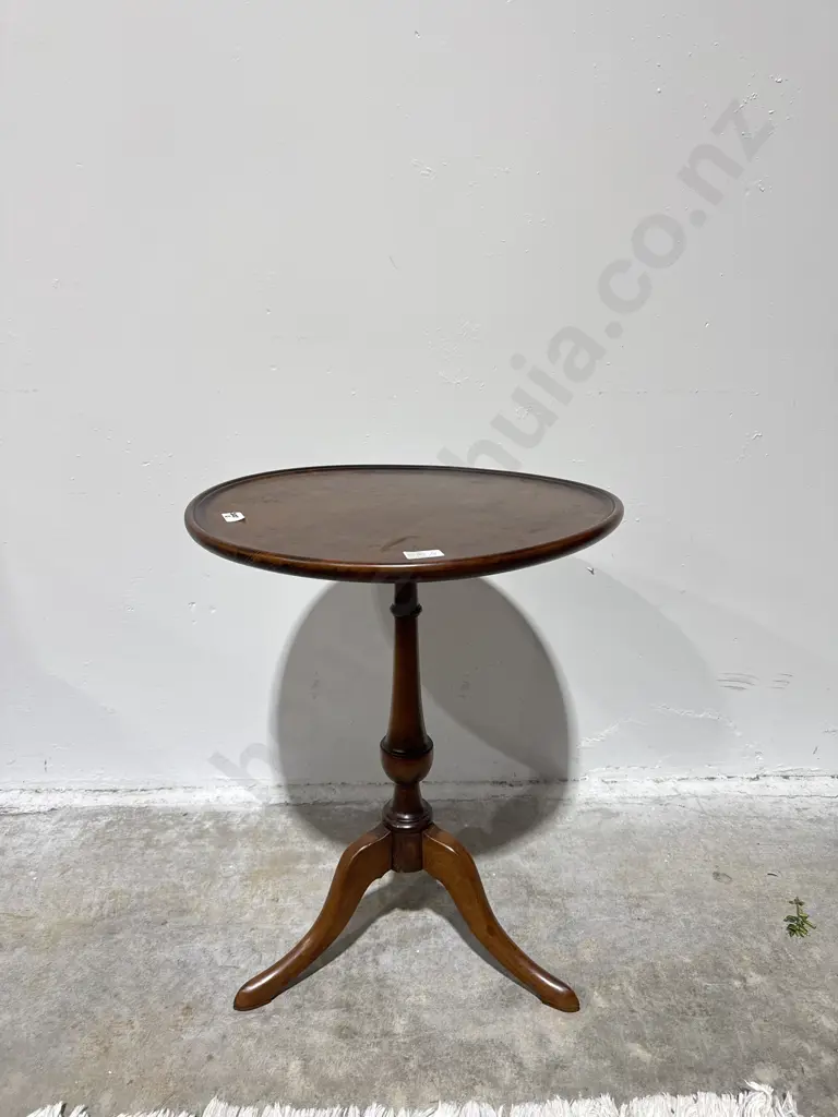 Round Mahogany Wine Table  w Turned Support & Tripod Base Image 1++