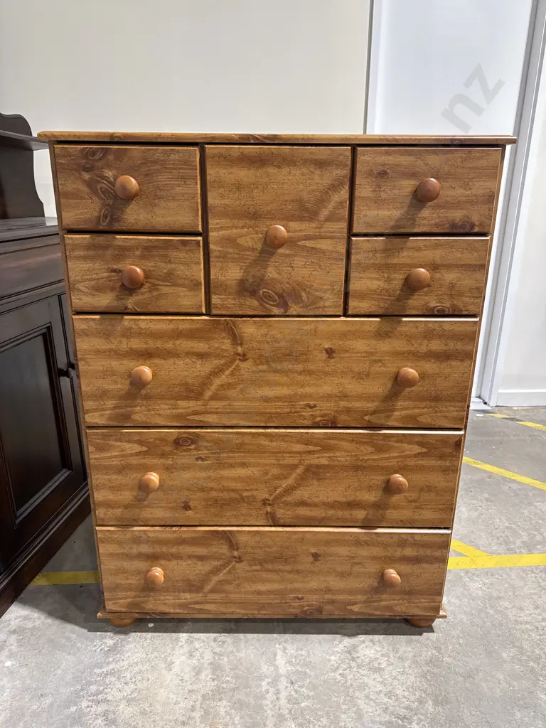 Eight Drawer Chest of Drawer w Round Knobs & Central Hat Drawer & Three over Two Over Three Configuration Image 1++