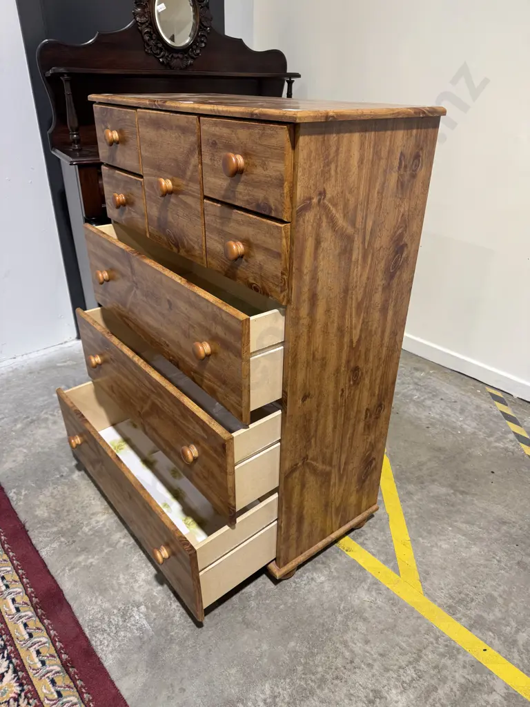 Eight Drawer Chest of Drawer w Round Knobs & Central Hat Drawer & Three over Two Over Three Configuration Image 1++
