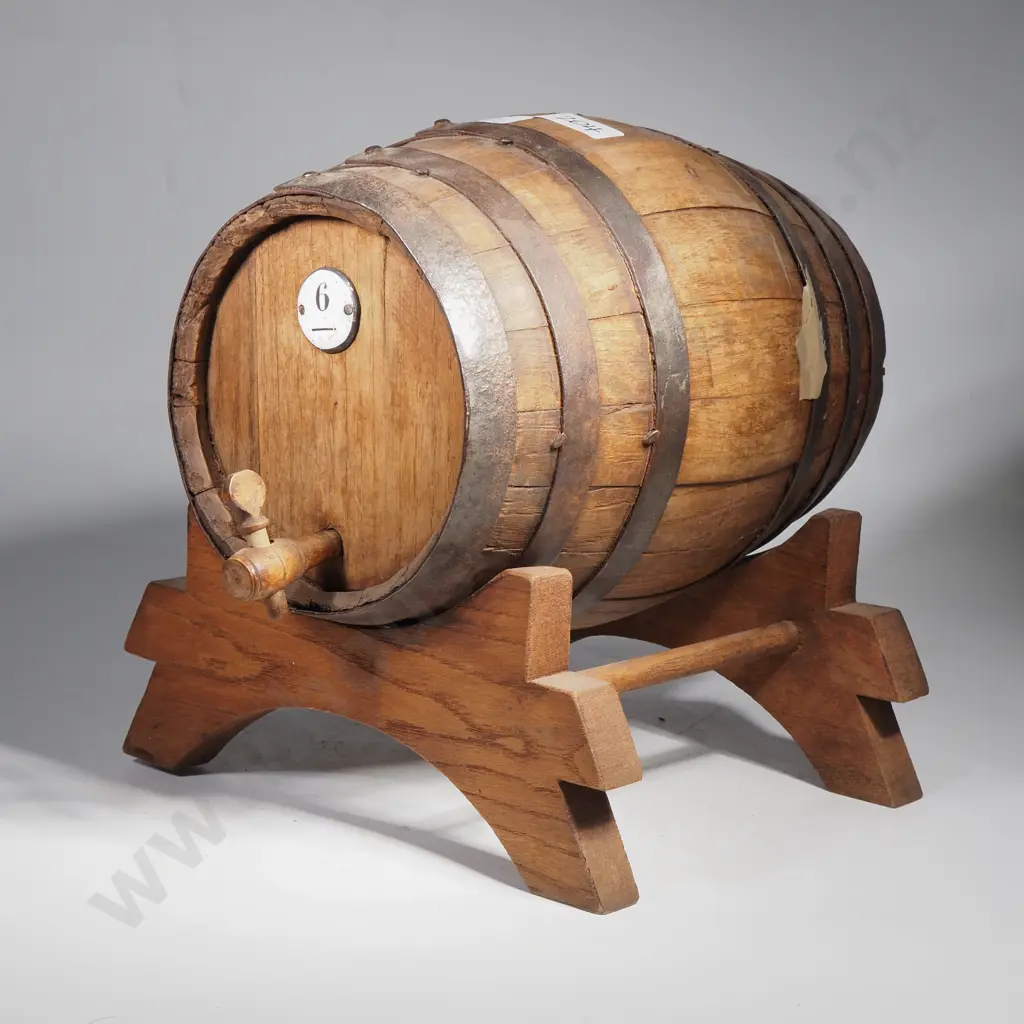 Vintage Wooden Spirit Barrel on Stand w Enamel "6" on front above Spigot Image 1++