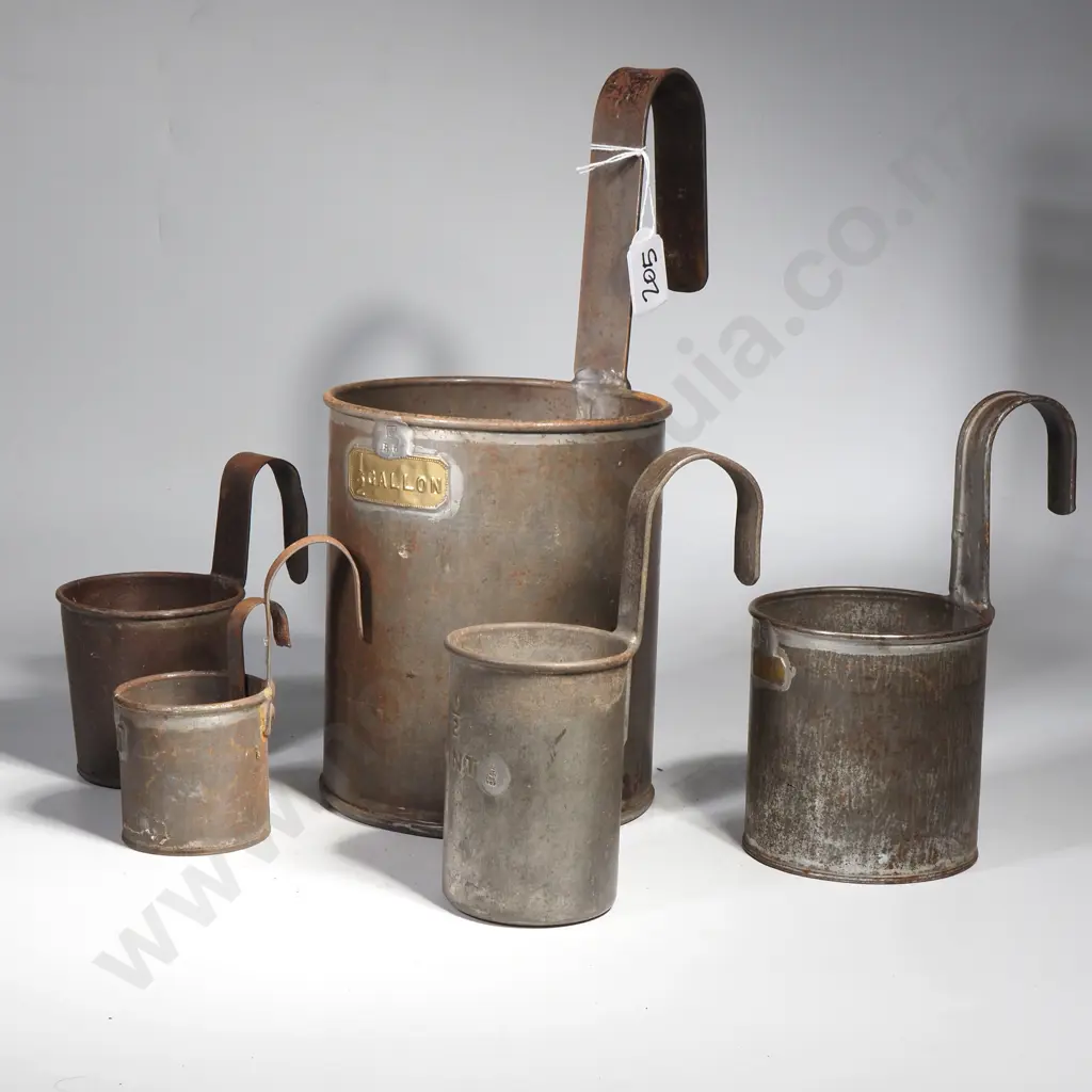 Set of Graduated Antique Metal Measuring Cups w Vertical Handles & Brass Capacity Tag Image 1++