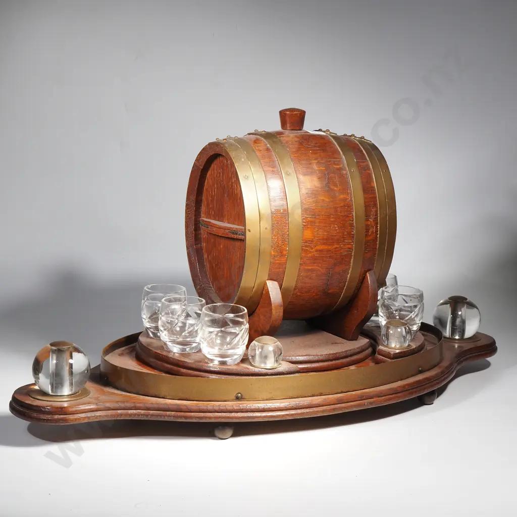 Vintage Oak Table Display w Standing Spirit Barrel & Six Glasses in Decorative stands Image 1++