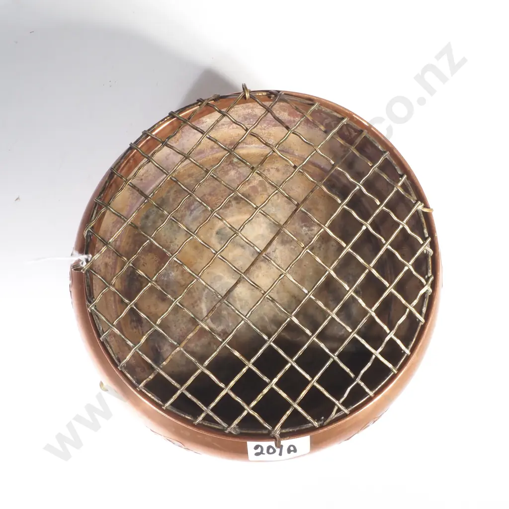Vintage Copper Rose Bowl w Repousse Leaf Decoration on Three Brass Paw Feet complete w a Domed Wire Mesh Flower Frog Image 1++