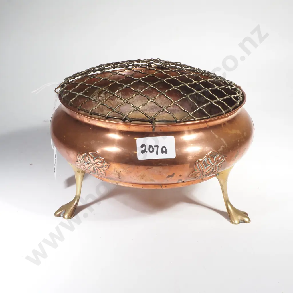 Vintage Copper Rose Bowl w Repousse Leaf Decoration on Three Brass Paw Feet complete w a Domed Wire Mesh Flower Frog Image 1++