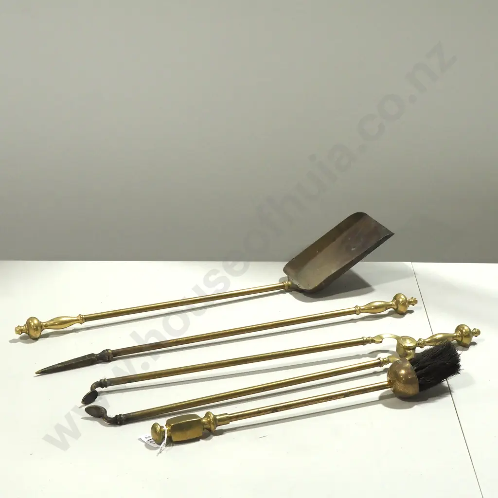 Brass Four Piece Fireside Companion Set Comprising Brush, Shovel, Poker & Firetongs Image 1++