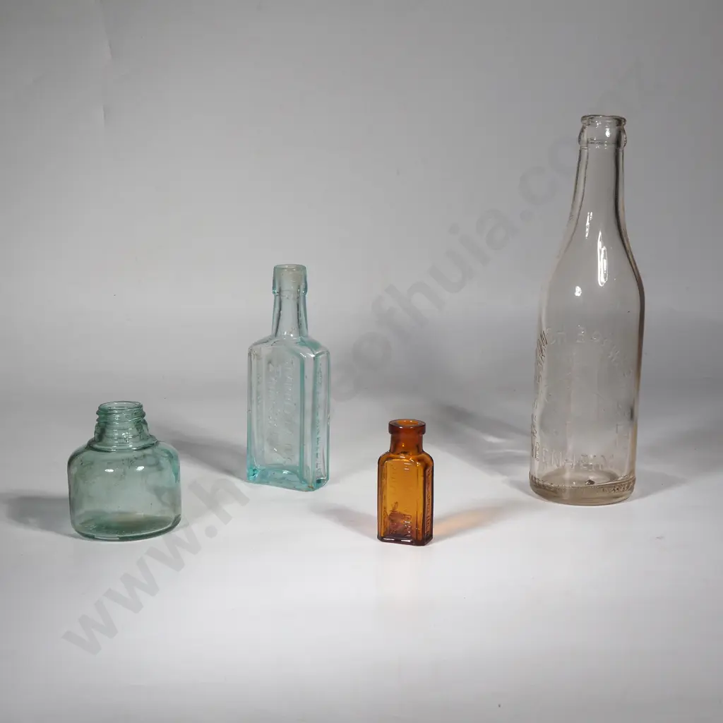 Four Vintage Glass Bottles including Clear Glass Marlborough Brewery Co. Ltd Image 1++