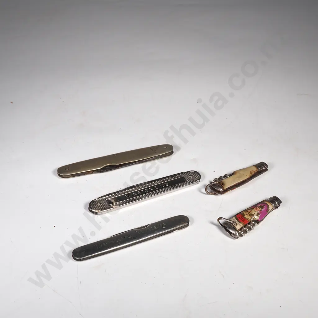 Five Vintage Advertising & Souvenir Pocket Knives - Queen's Coronation 1954, Vacuum Oil Co, Dewars Whisky & Winstone NZ Image 1++